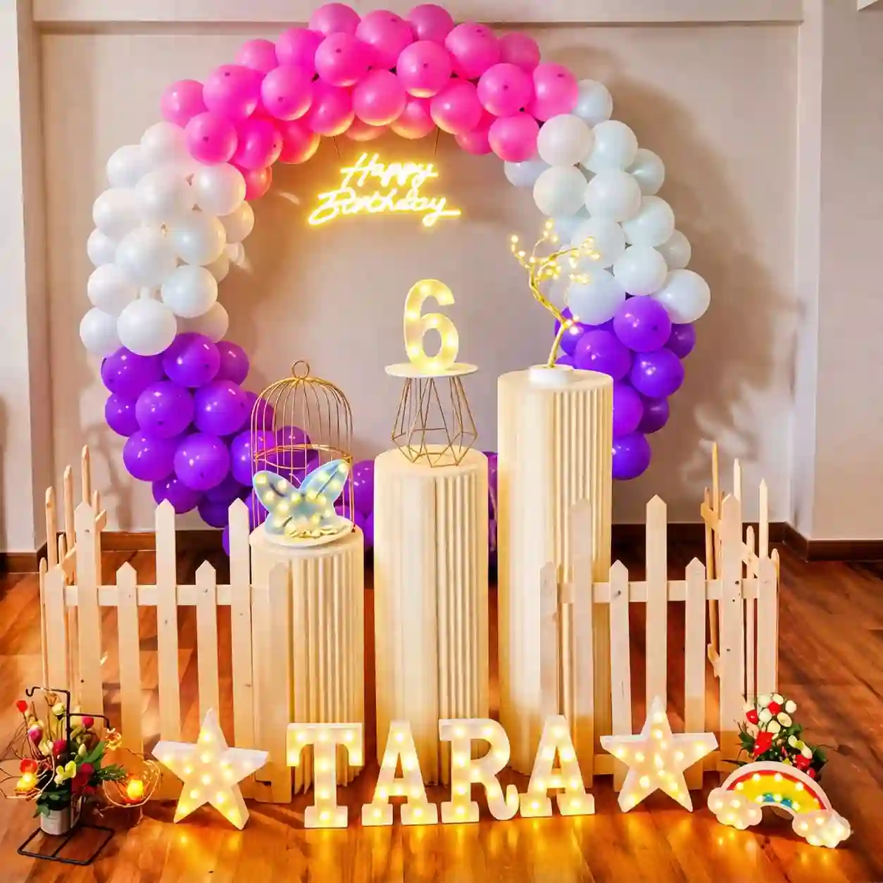 Purple Pink & White Ring Birthday Decor with Plinths